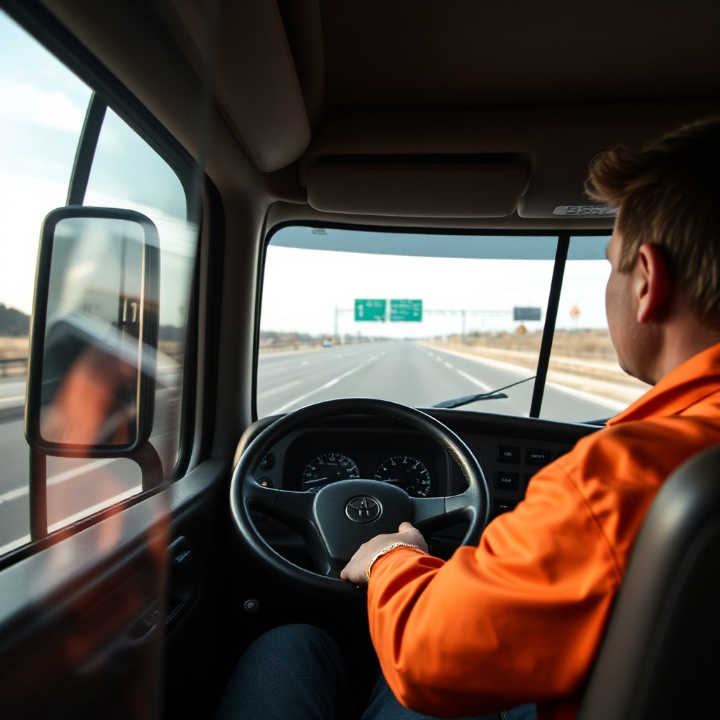 A close-up of a diverse commercial truck driver behind the wheel, focused on the road ahead, with dashboard instruments visible and highway signs in the background.
