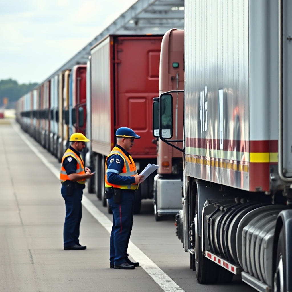 A line of commercial semi-trucks at a highway inspection station, with uniformed officials conducting safety checks and examining documentation while drivers wait nearby.