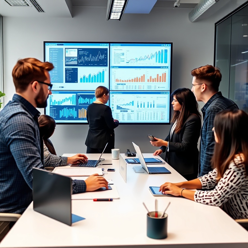 A professional data team working collaboratively in a modern office environment, with diverse team members gathered around data visualizations displayed on large screens, showing the collaborative nature of modern hybrid data roles.