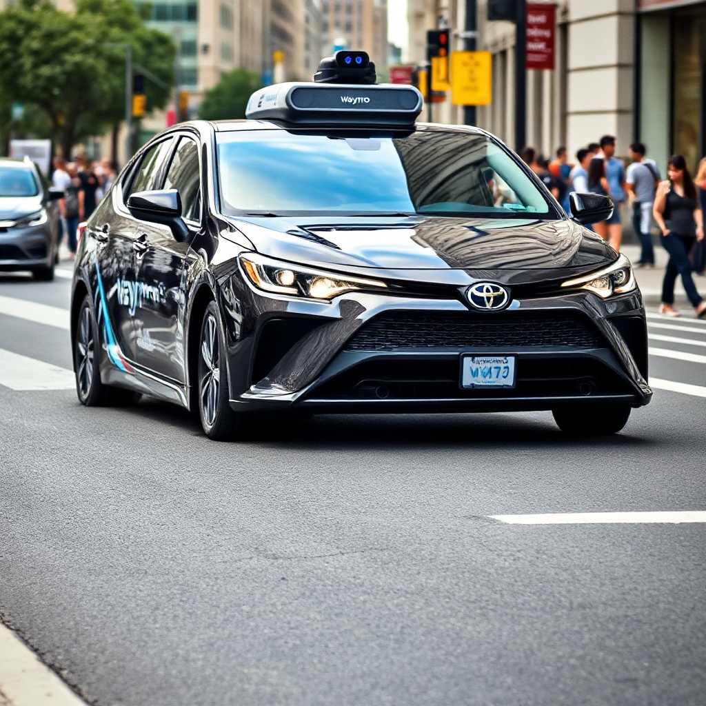 A sleek Toyota vehicle prominently displaying Waymo autonomous driving technology, with visible sensors and the Waymo logo, driving on a busy urban street with pedestrians visible in the background.