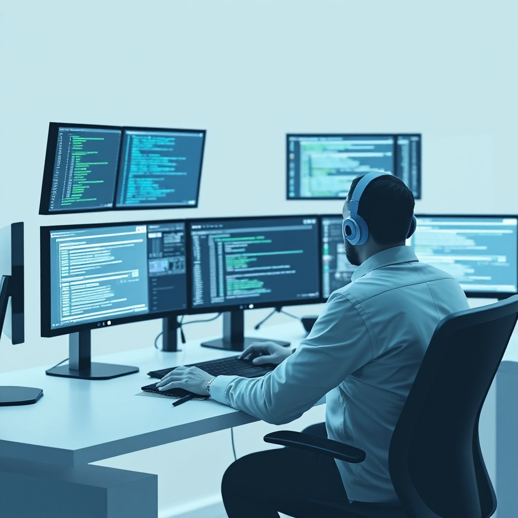 A software engineer sitting at a modern workstation, reviewing and directing multiple AI coding processes on multiple screens, symbolizing the orchestration role rather than hands-on coding.