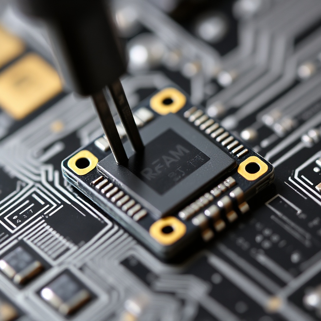 Close-up of a ReRAM chip being integrated into a tiny IoT sensor node with visible silicon die and connection points, showing the miniaturization enabled by the technology.