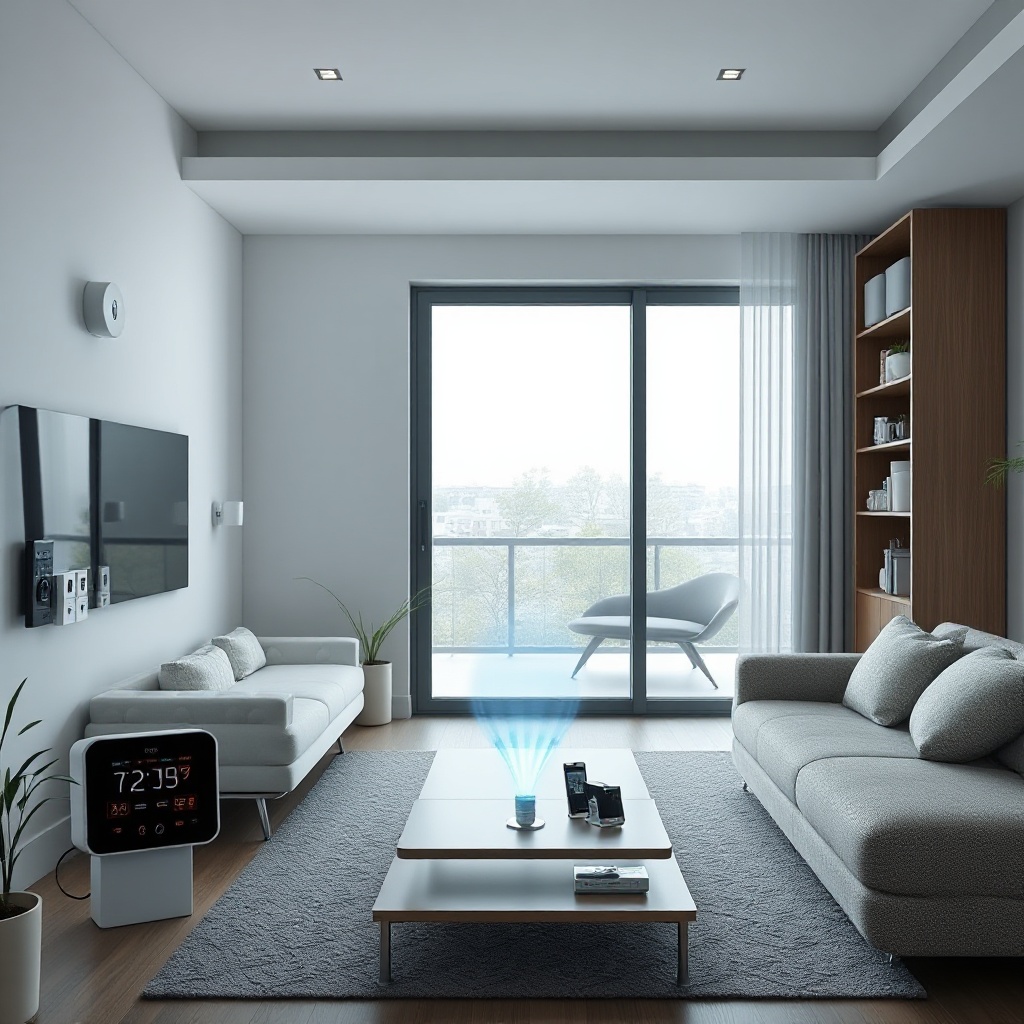 A modern smart home environment with multiple IoT devices powered by ReRAM technology, including small sensors, smart thermostats, and security devices operating with minimal power.