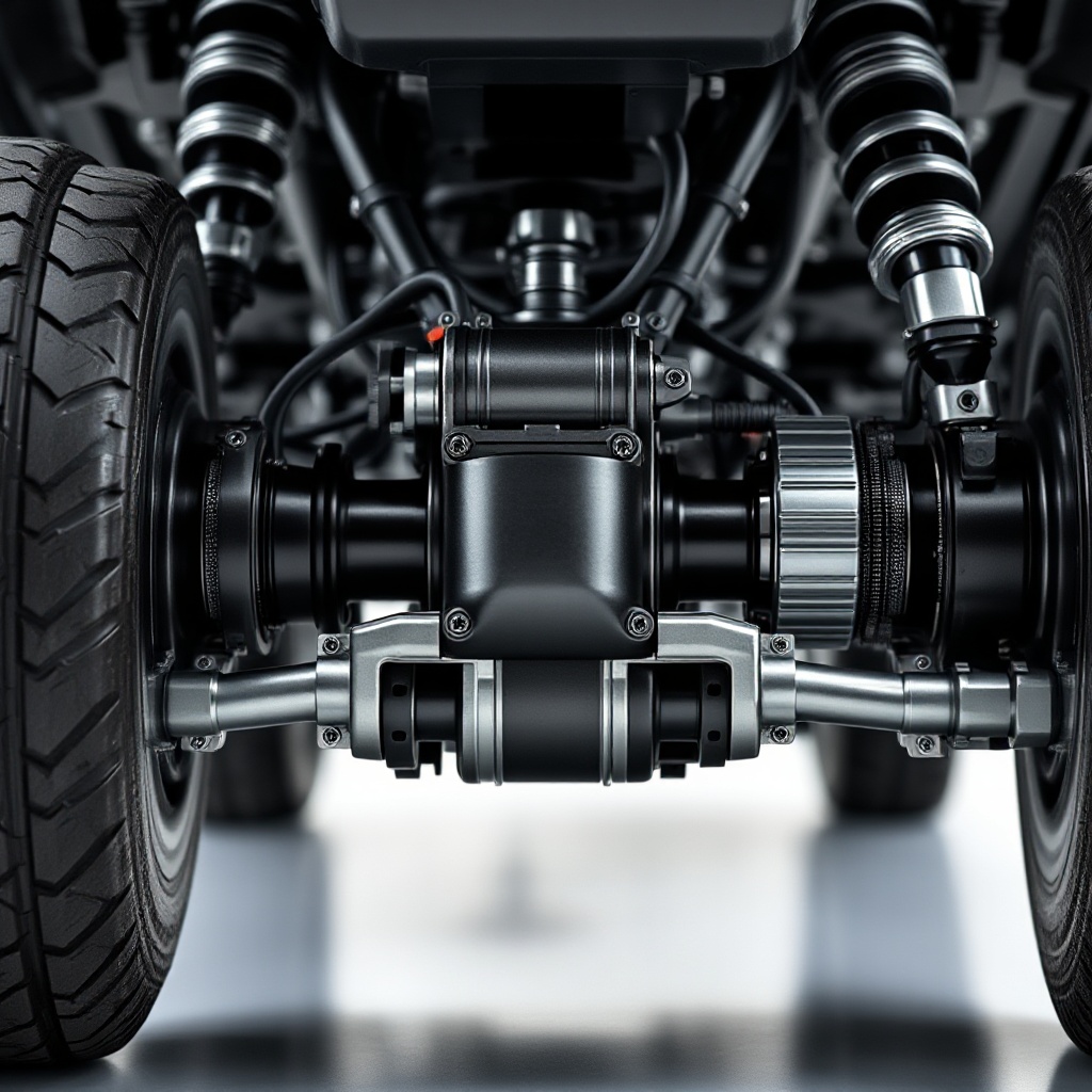 A closeup of an advanced electric vehicle axle system featuring integrated motor and drive components, with technical details visible but no branding.
