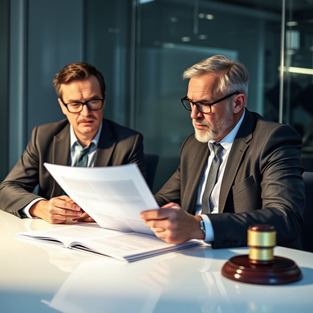 Two automotive executives in business attire reviewing legal documents across a conference table with concerned expressions.