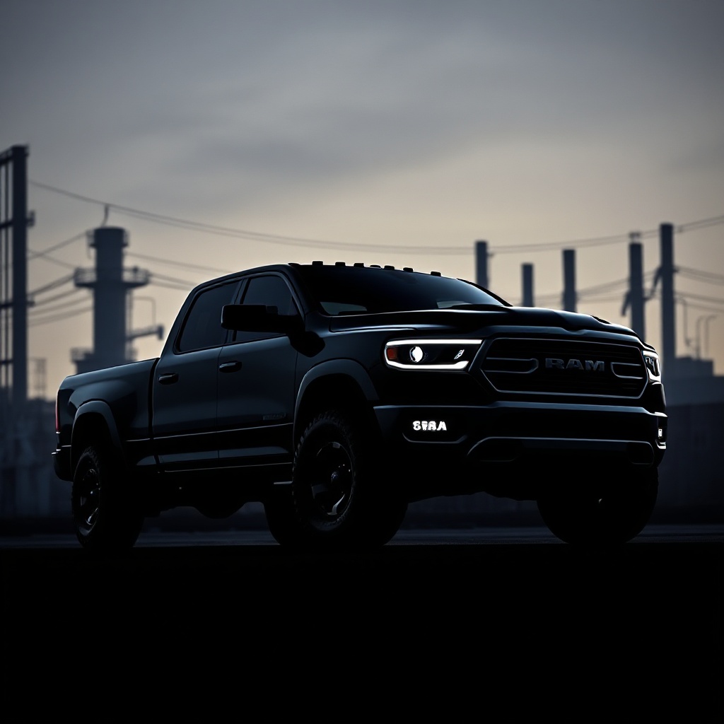 A heavy-duty Ram pickup truck silhouette against an industrial background with subtle electric vehicle charging symbols, representing the canceled EV truck concept.