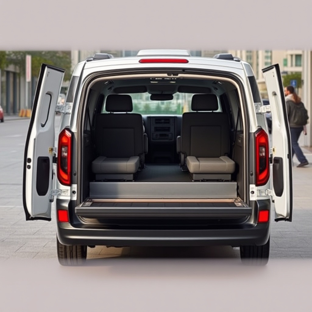 A Kia PV5 van with its sliding door open and seats arranged in different configurations, showcasing the vehicle's modularity and flexible interior space against an urban backdrop.