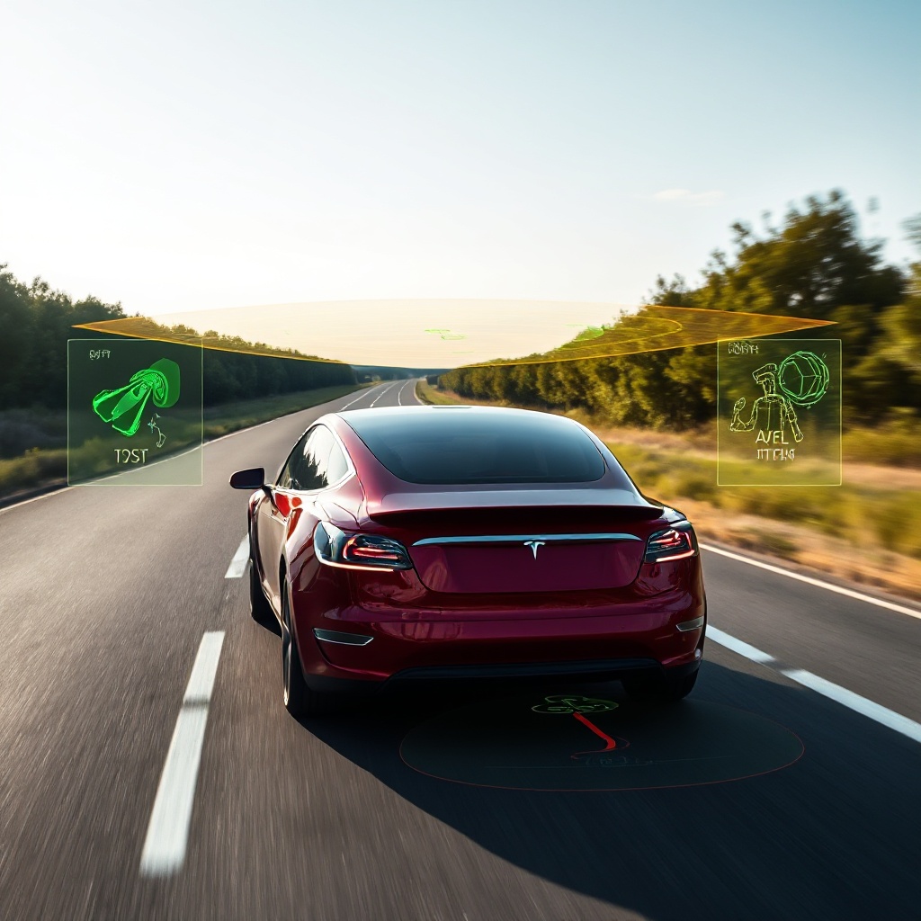 A Tesla vehicle on a road with visualization overlays showing how the AI system perceives and processes the environment in real-time, with graphical representations of object detection and path planning.