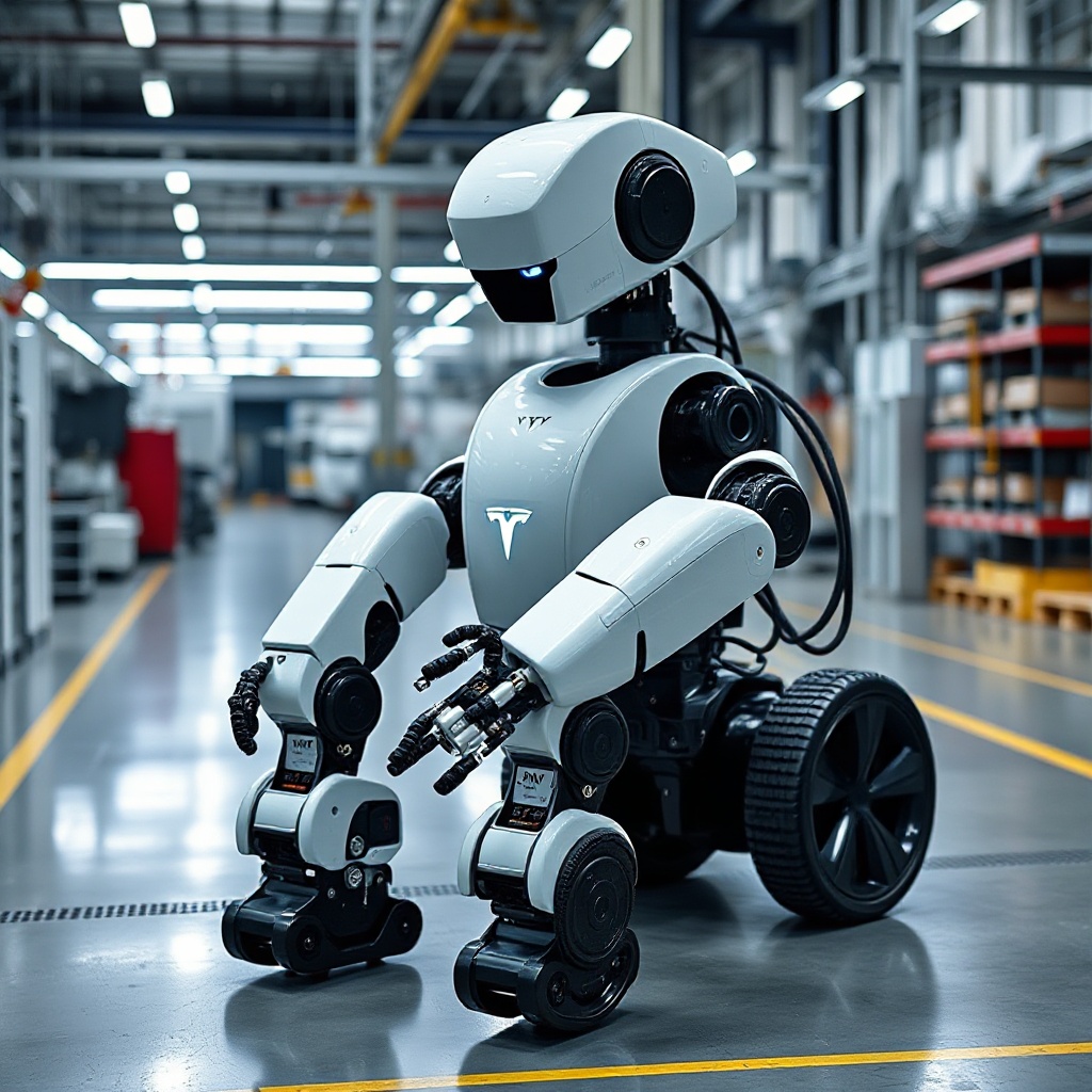 Tesla's Optimus robot in a factory setting, demonstrating physical tasks while connected to the AI training infrastructure, highlighting the extension of Tesla's AI technology beyond vehicles.