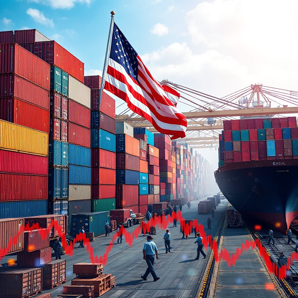 A cargo port with shipping containers stacked high as workers rush to unload vessels, with a US flag prominently displayed and stock market figures tumbling on a digital board in the foreground, symbolizing the economic turbulence caused by tariff policies.