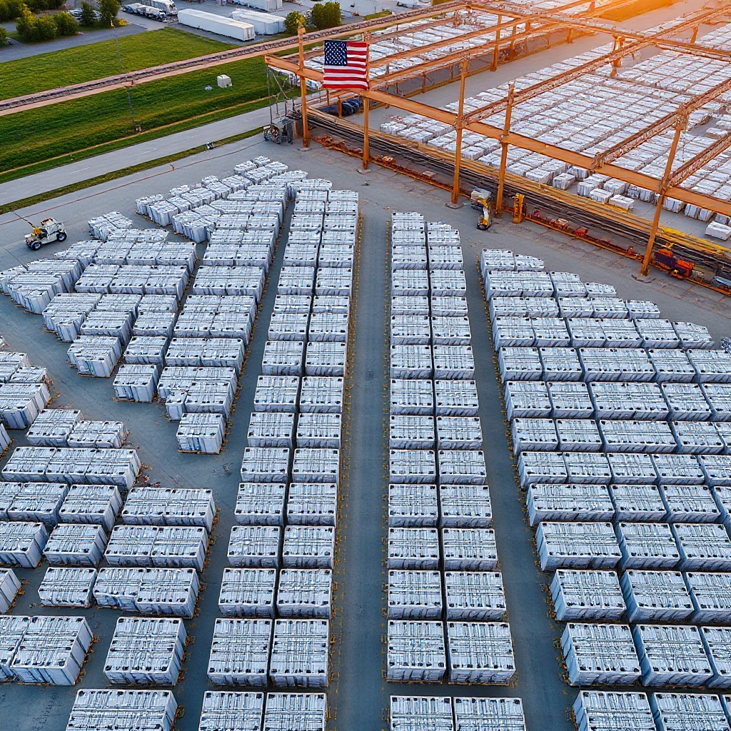 Aerial view of Rivian's massive battery stockpile warehouse in Normal, Illinois, showing organized rows of battery packs ready for production with the American flag visible.
