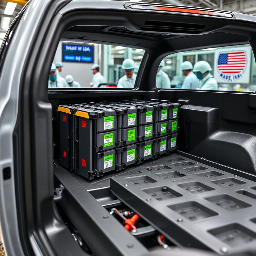 Close-up of EV battery cells being installed in a Rivian R1T pickup truck on the assembly line, with technicians in the background and