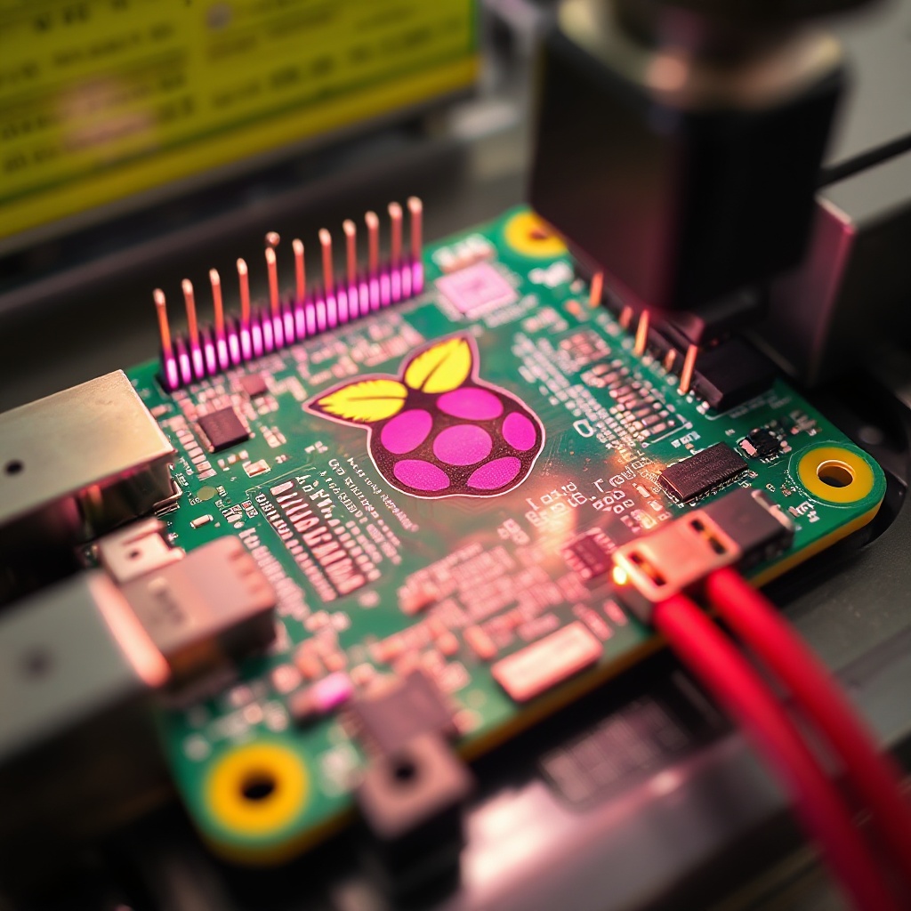 Close-up photograph of a Raspberry Pi 5 circuit board being manufactured, showing through-hole connectors during the intrusive reflow soldering process