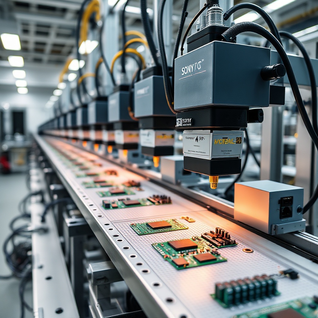 Wide shot of an automated production line at Sony UK TEC facility with pick-and-place machines placing components on Raspberry Pi boards