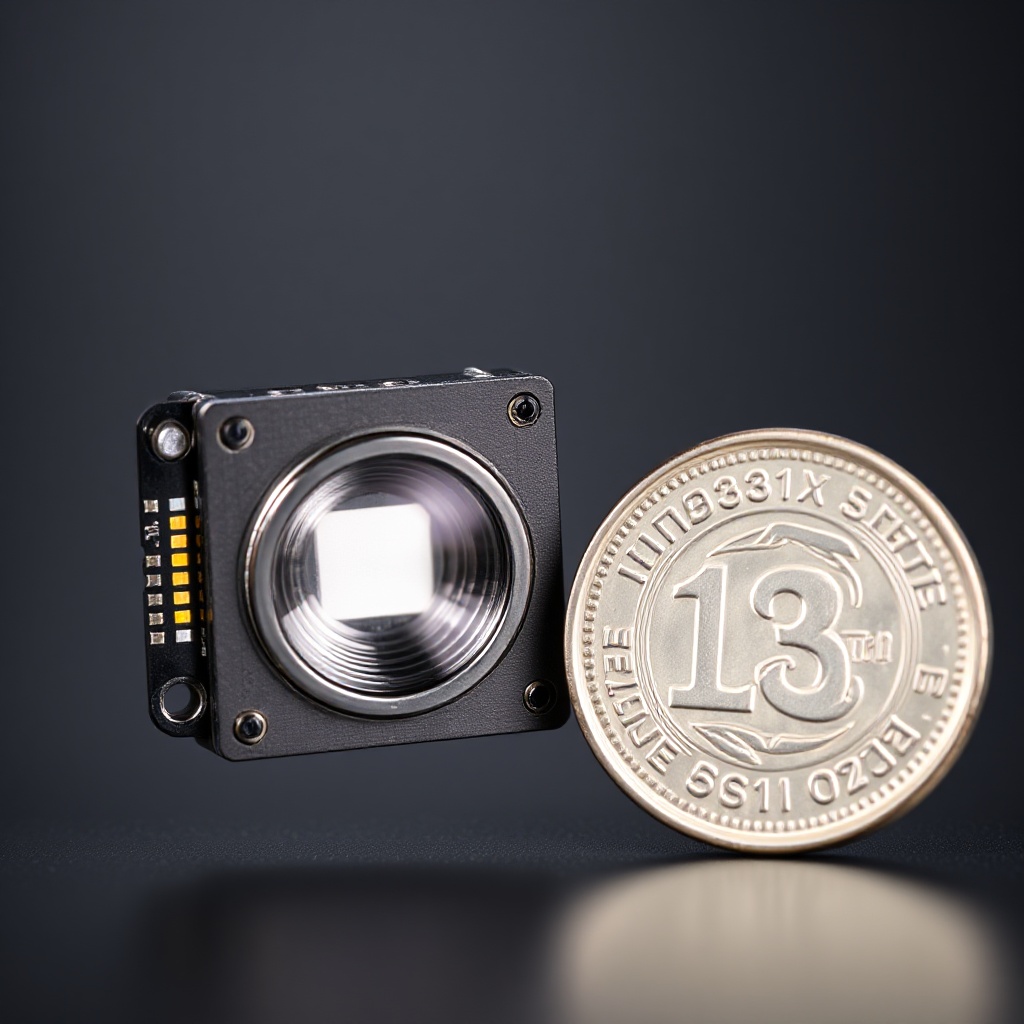 Close-up of a miniaturized global shutter camera module next to a coin for size comparison, showing the extremely compact form factor of modern DMS cameras.