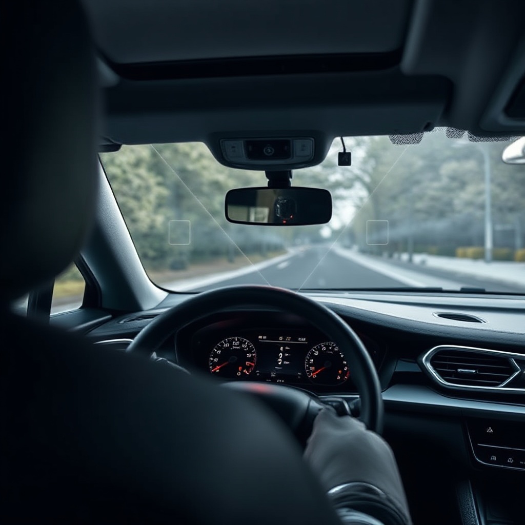 Interior view of a modern vehicle dashboard with subtle, nearly invisible camera modules integrated into the steering column and instrument cluster for driver monitoring.