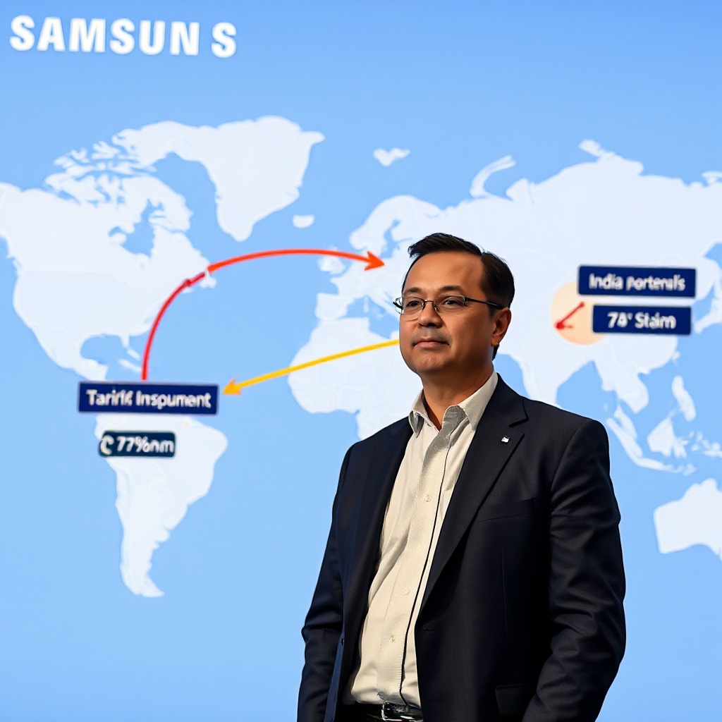 A Samsung executive standing before a global manufacturing map showing arrows pointing from Vietnam production facilities to new Indian manufacturing sites, with tariff percentages displayed between locations.