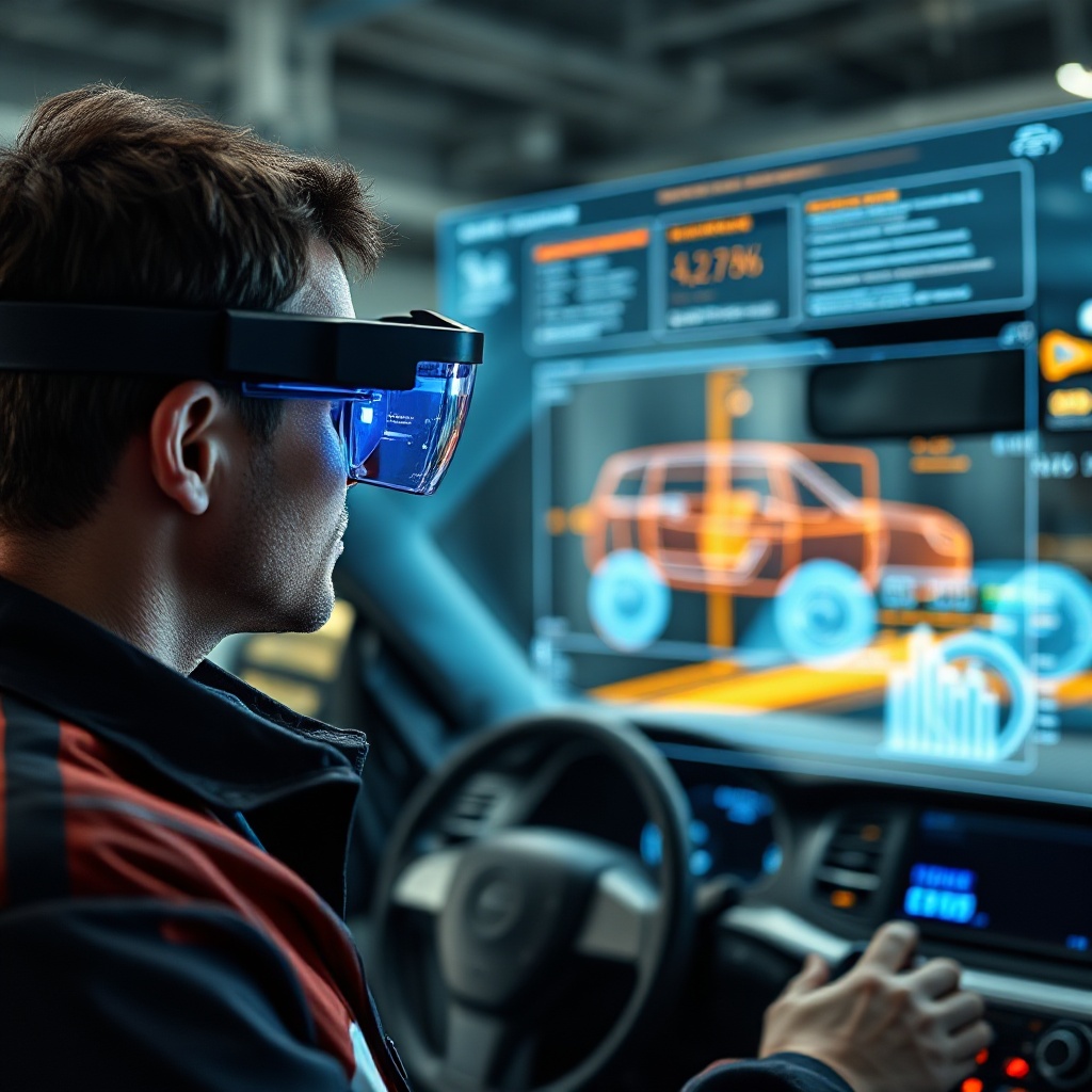 An automotive engineer using augmented reality glasses to analyze a digital twin simulation of a vehicle's AI safety systems, with virtual data overlays showing safety metrics and test results