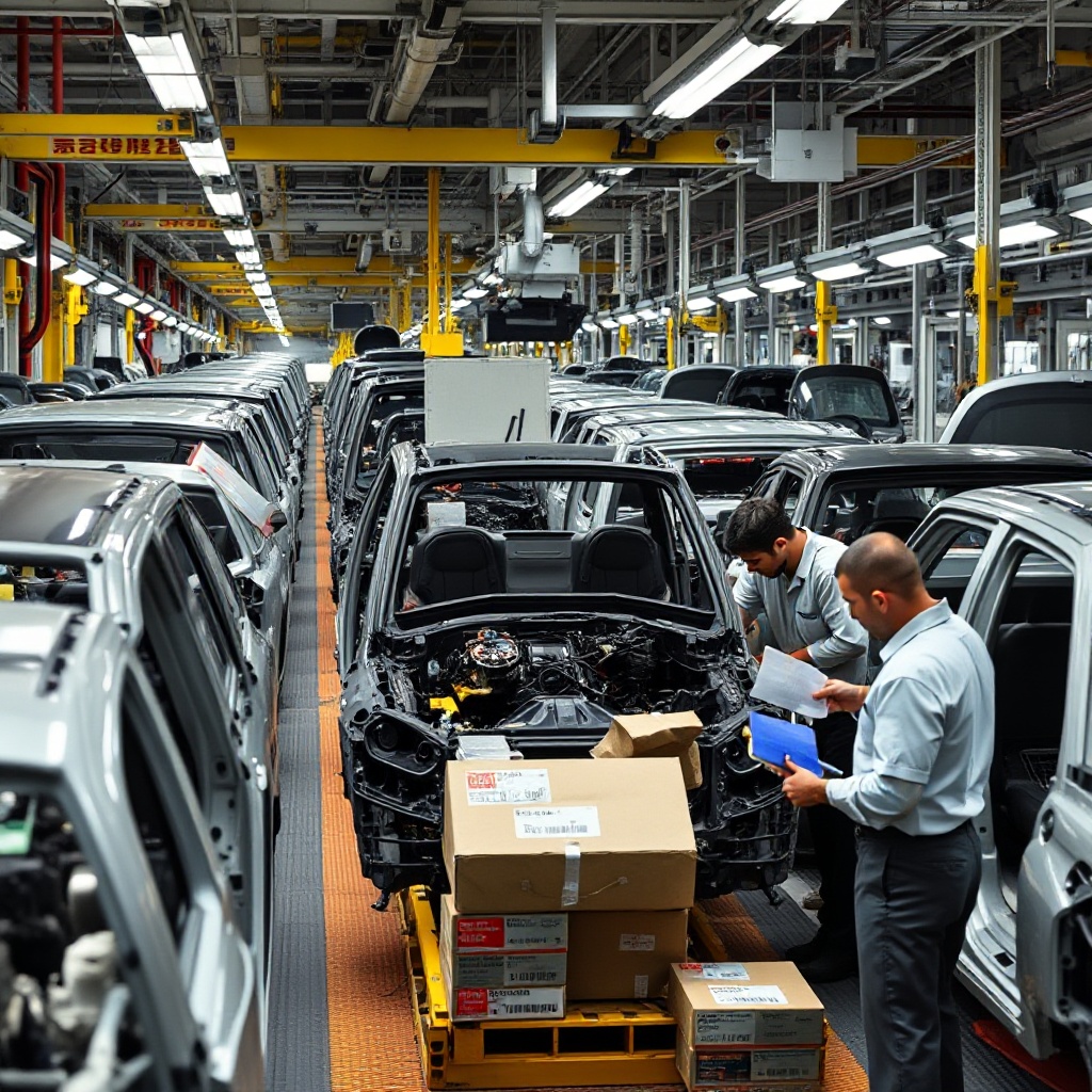 A complex automotive assembly line showing partially assembled vehicles with visible gaps where imported components would be installed, with workers examining parts with foreign shipping labels