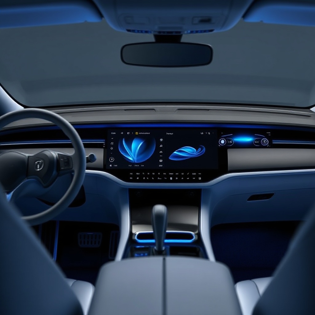 A sleek, modern vehicle dashboard featuring integrated touchscreens and wireless connectivity interfaces, with subtle blue lighting highlighting the technology elements.