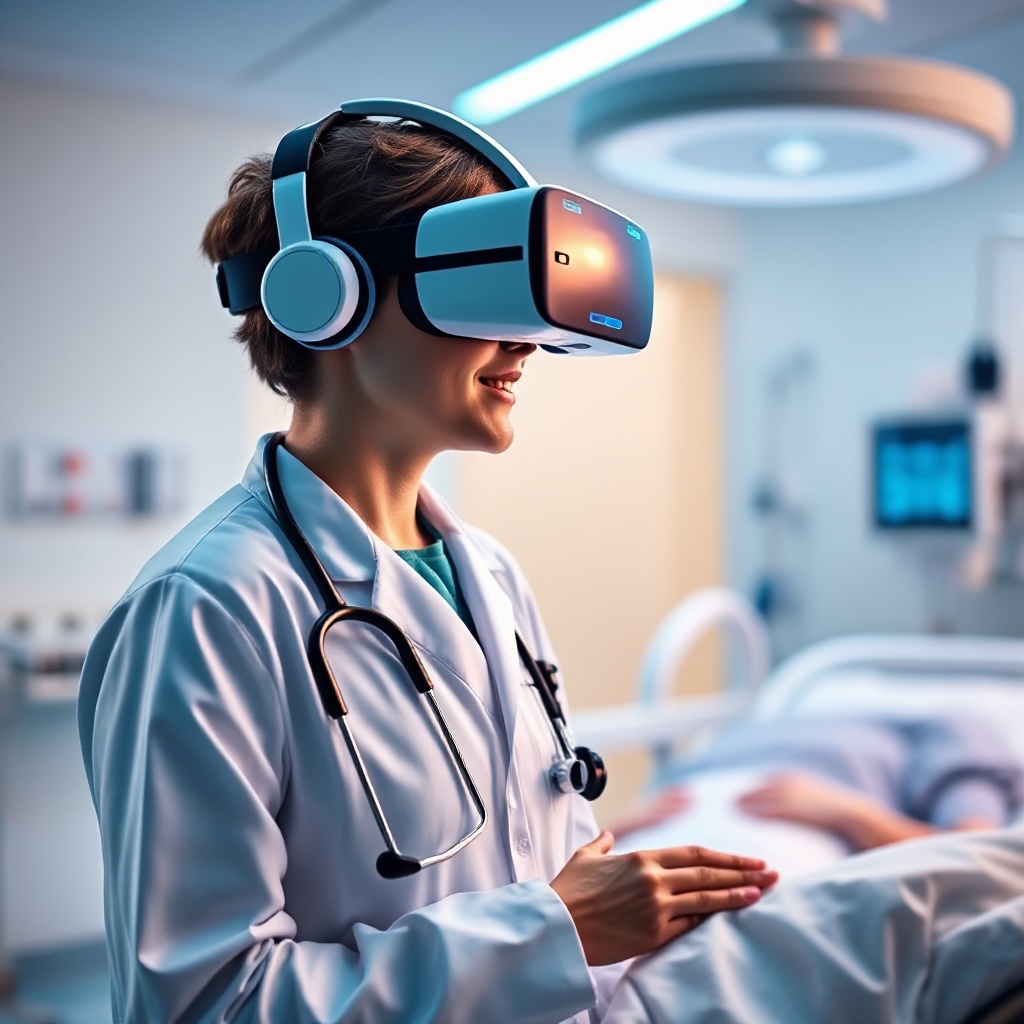 A healthcare professional wearing a VR headset while interacting with a virtual patient in a hospital setting, with soft, futuristic blue lighting indicating the interface between physical and virtual worlds.