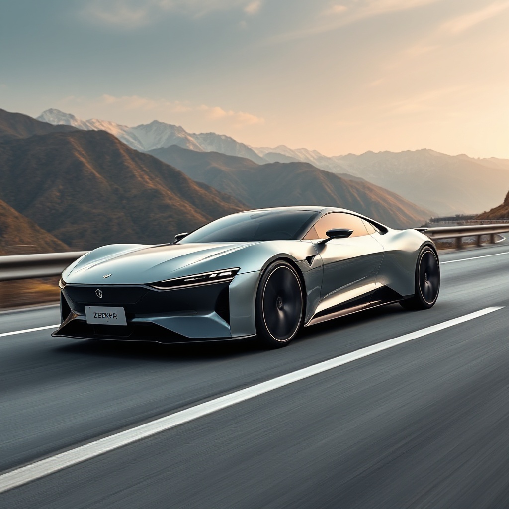 A sleek ZEEKR 007 GT electric vehicle in motion on a winding Chinese highway, showcasing its aerodynamic design against a dramatic mountain backdrop.
