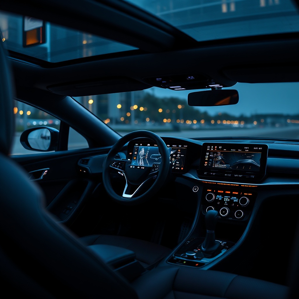 Interior view of a ZEEKR model's cockpit, highlighting the premium materials, large touchscreen display, and driver-focused controls with ambient lighting.