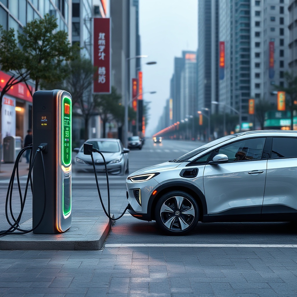 A ZEEKR electric vehicle connected to an ultra-fast charging station in an urban Chinese setting, with illuminated charging status indicators showing the rapid charging capability.