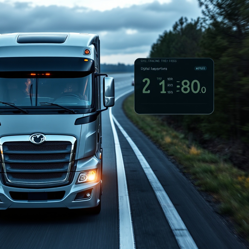 A modern semi-truck on a highway with digital tracking technology displayed, showing GPS tracking and data collection for mileage-based fees