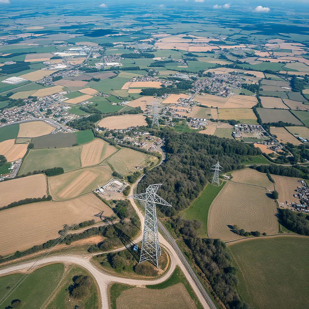 Aerial view of transmission lines and infrastructure stretching across the European countryside, showing the scale and interconnectedness of the power grid.