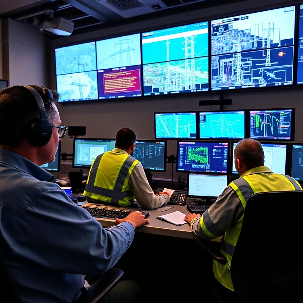 Power grid control room with engineers monitoring multiple screens during an emergency response simulation, highlighting the human element of grid management.