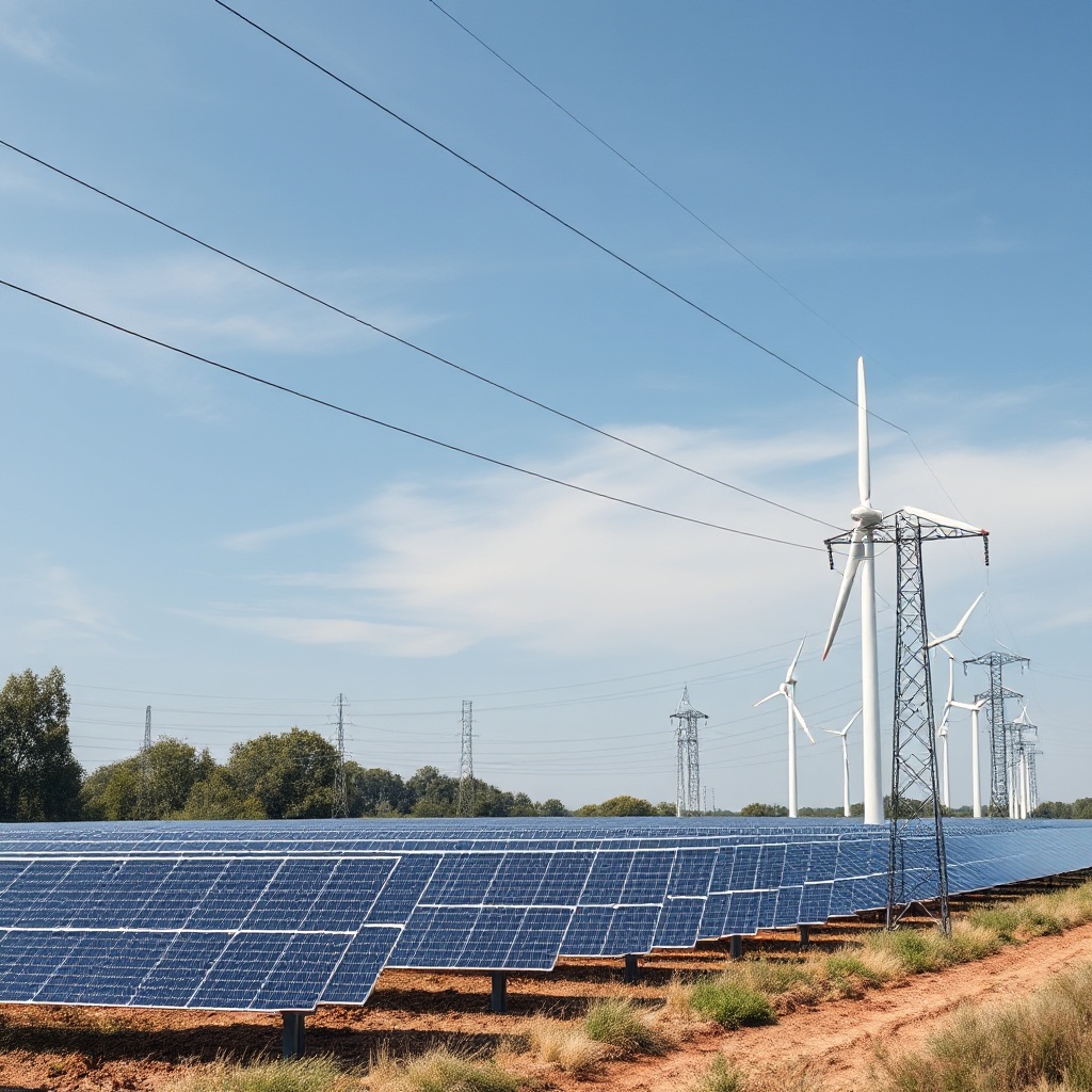 Modern solar farm and wind turbines connected to power lines, representing the integration challenge of renewable energy sources into the existing grid infrastructure.