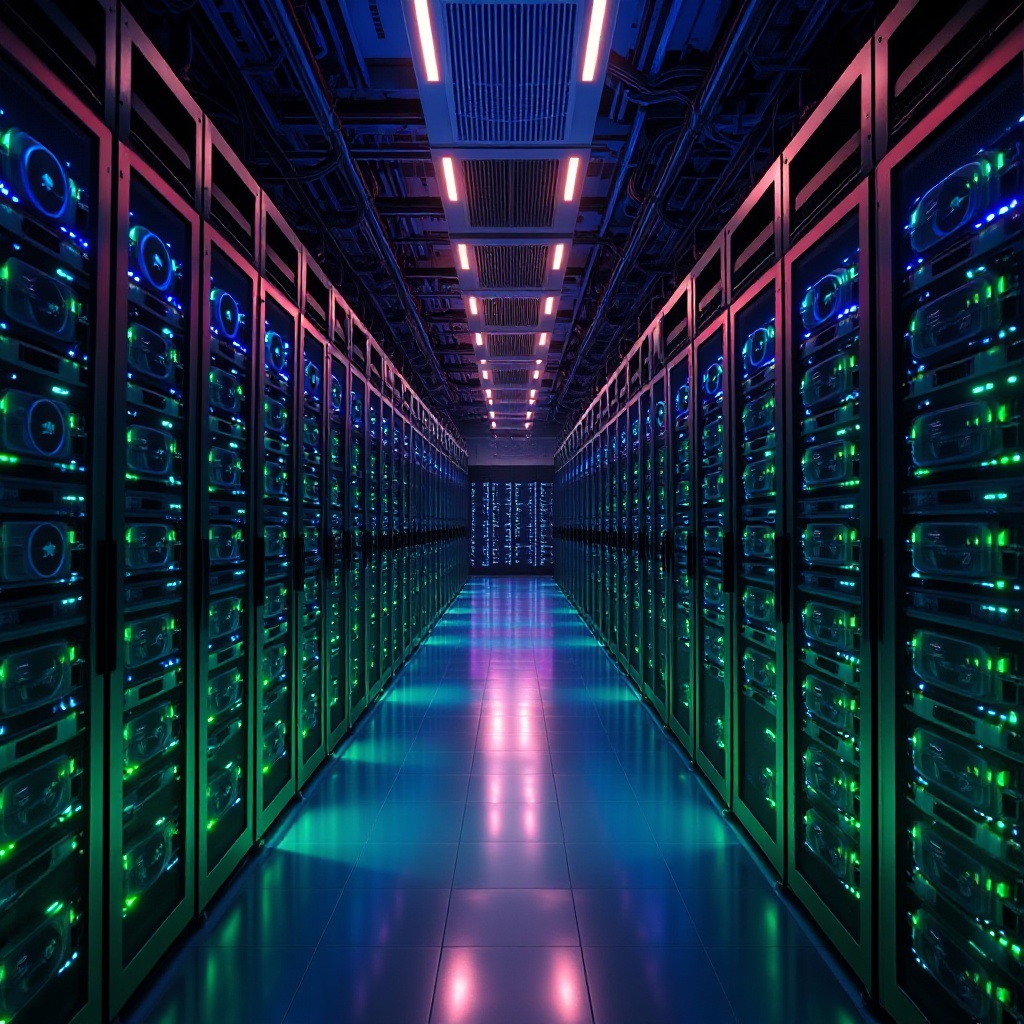 A dramatic visualization of a massive supercomputer facility with rows of server racks housing thousands of GPUs, glowing with blue and green lights, representing Tesla's Cortex supercomputer.