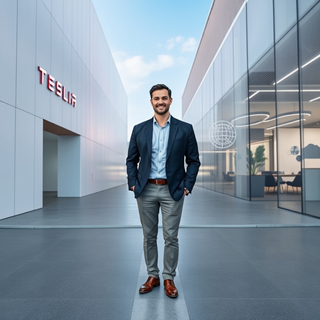 A professional portrait of a tech executive in business casual attire standing at the intersection of two corporate headquarters - Tesla's minimalist design on one side and OpenAI's modern office on the other, symbolizing talent movement between companies.