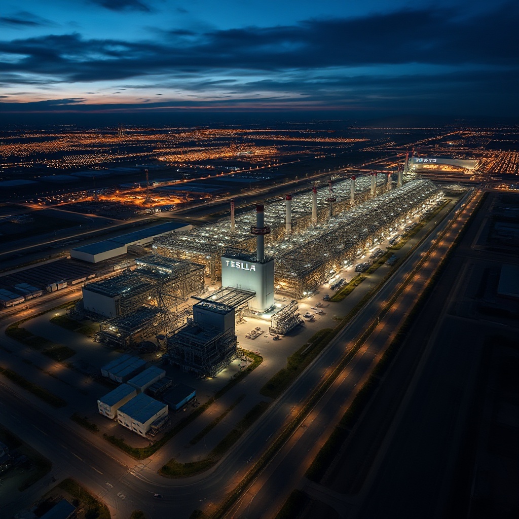 An aerial view of Tesla's Gigafactory Texas at dusk with lights illuminating the massive facility, highlighting the scale of infrastructure required for AI development.