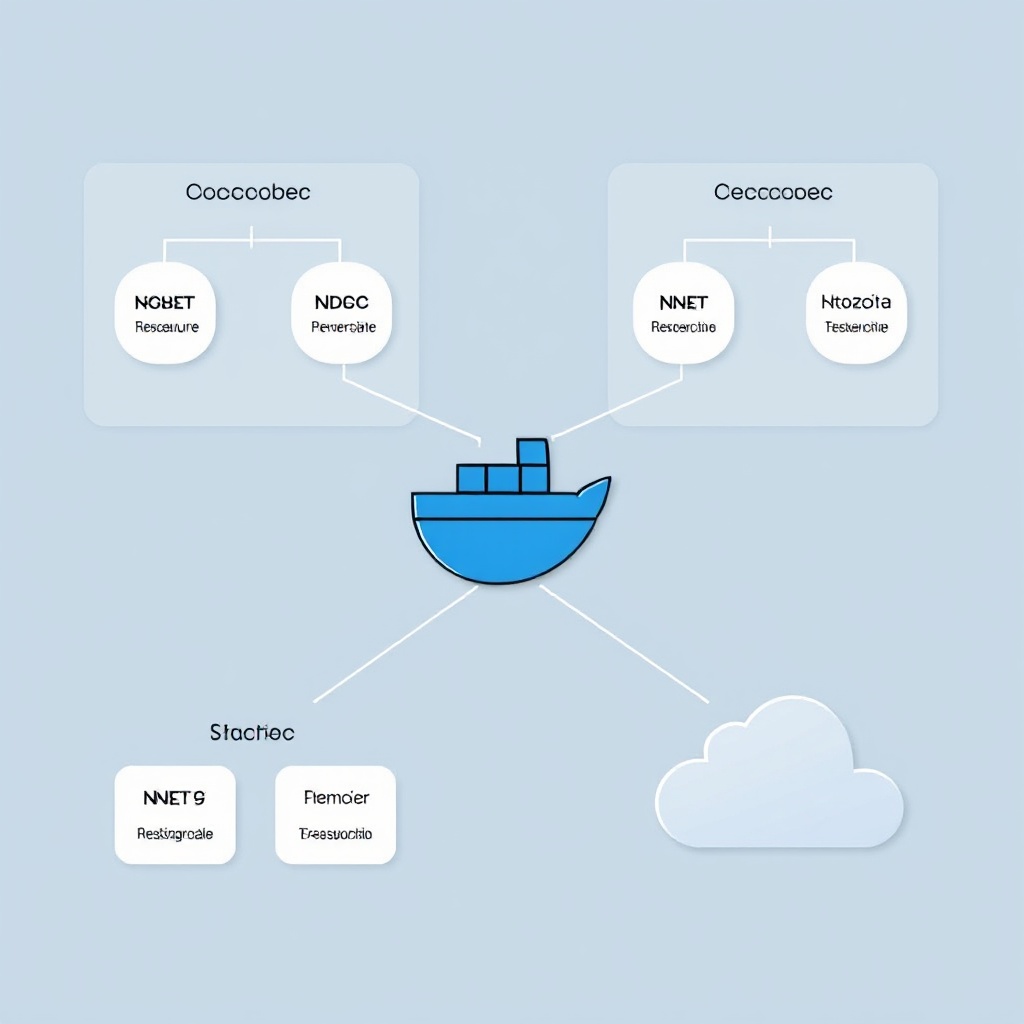 A modern e-commerce architecture diagram showing Docker containers, .NET 9 services, and cloud deployment options with visual connections between components.