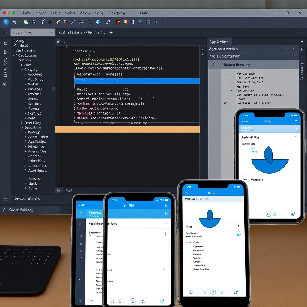 A developer workspace showing Visual Studio IDE with eShop application running in debug mode, multiple containers active in Docker Desktop, and application preview on multiple devices.
