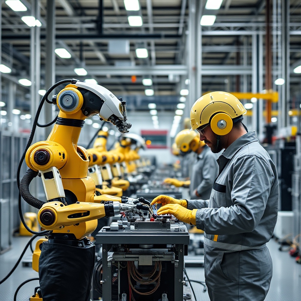 Modern American manufacturing facility with advanced robotics working alongside skilled human operators, showing the integration of automation and human expertise in a clean, high-tech environment.