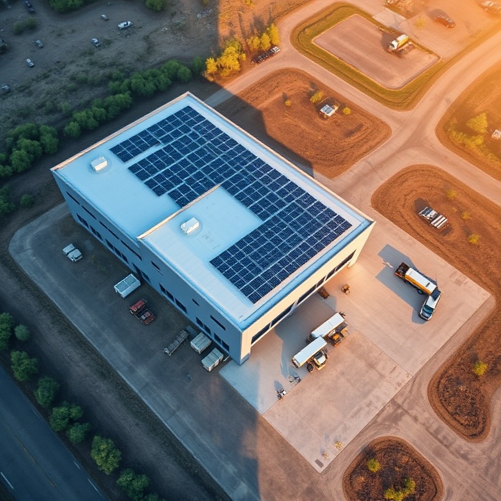 Aerial view of a newly constructed manufacturing campus in the southeastern United States, with solar panels on the roof and trucks loading finished products, representing the regional growth of reshored manufacturing operations.